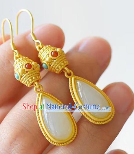 China Traditional Jade Coral Ear Jewelry Accessories National Cheongsam Golden Earrings