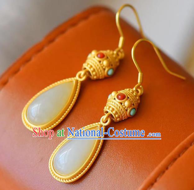 China Traditional Jade Coral Ear Jewelry Accessories National Cheongsam Golden Earrings