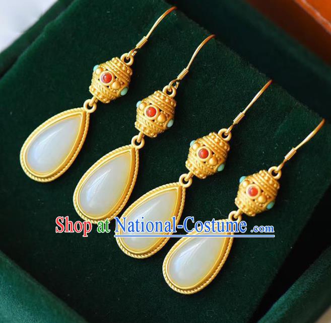 China Traditional Jade Coral Ear Jewelry Accessories National Cheongsam Golden Earrings