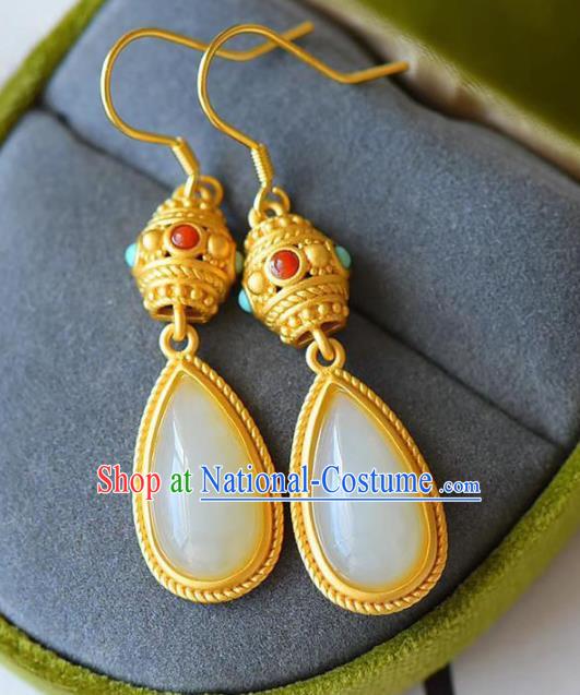 China Traditional Jade Coral Ear Jewelry Accessories National Cheongsam Golden Earrings