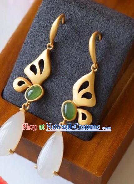 China Traditional White Chalcedony Ear Jewelry Accessories National Cheongsam Golden Butterfly Earrings