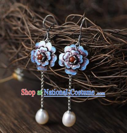 China Traditional Cloisonne Peony Ear Jewelry Accessories National Cheongsam Pearl Tassel Earrings