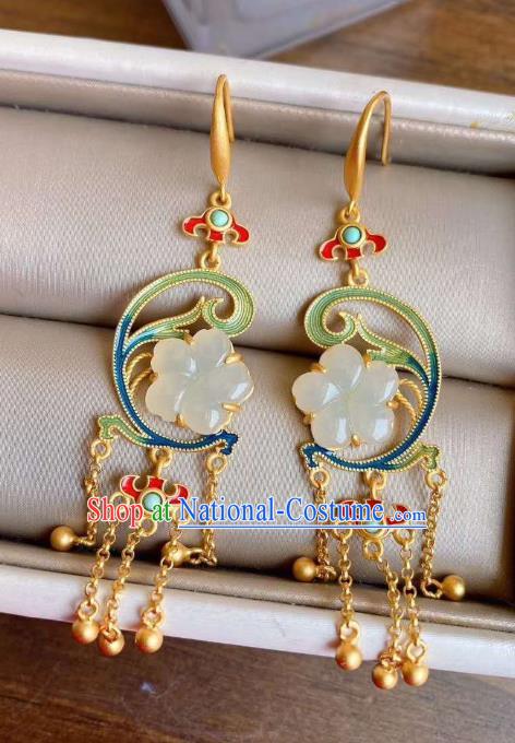 China Traditional Jade Plum Ear Jewelry Accessories National Cheongsam Golden Tassel Earrings