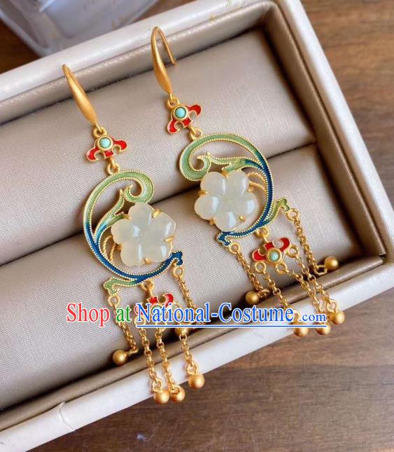 China Traditional Jade Plum Ear Jewelry Accessories National Cheongsam Golden Tassel Earrings