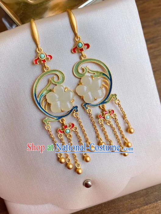 China Traditional Jade Plum Ear Jewelry Accessories National Cheongsam Golden Tassel Earrings