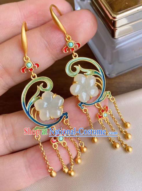 China Traditional Jade Plum Ear Jewelry Accessories National Cheongsam Golden Tassel Earrings