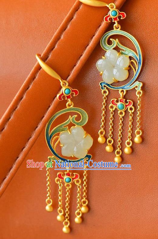 China Traditional Jade Plum Ear Jewelry Accessories National Cheongsam Golden Tassel Earrings