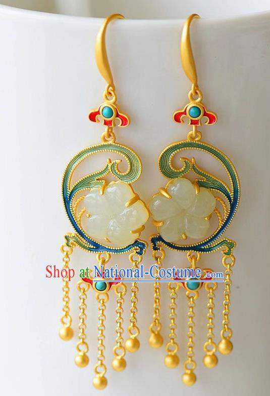 China Traditional Jade Plum Ear Jewelry Accessories National Cheongsam Golden Tassel Earrings