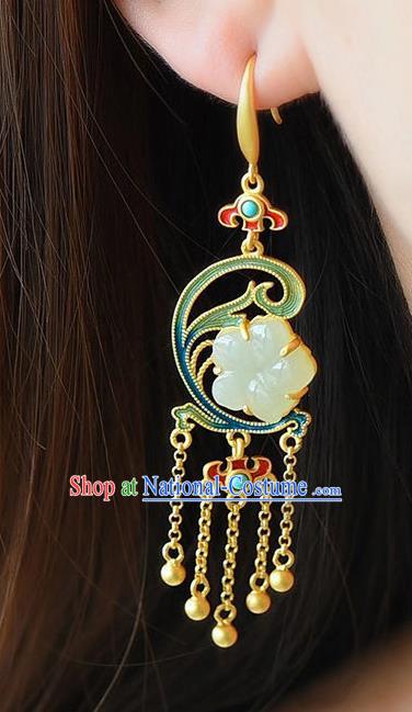 China Traditional Jade Plum Ear Jewelry Accessories National Cheongsam Golden Tassel Earrings