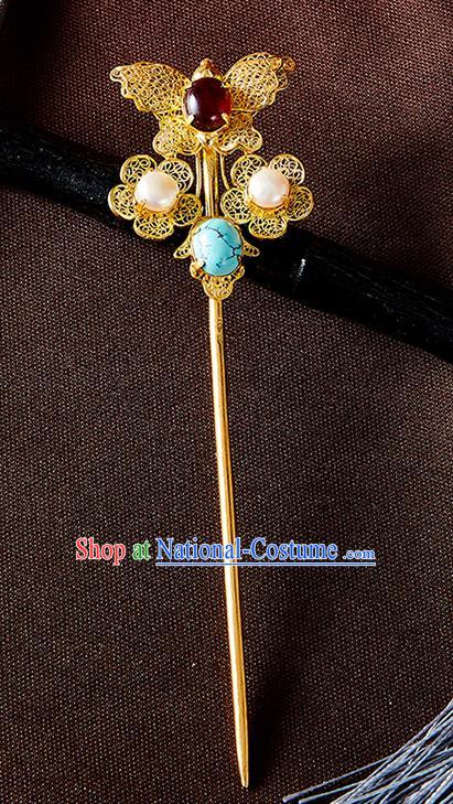 China Handmade Pearls Hair Jewelry Accessories Traditional Qing Dynasty Golden Filigree Butterfly Hairpin