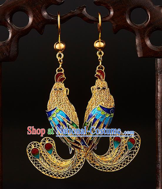 China Traditional Qing Dynasty Blueing Phoenix Ear Jewelry Accessories Ancient Empress Filigree Earrings