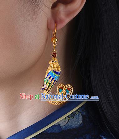 China Traditional Qing Dynasty Blueing Phoenix Ear Jewelry Accessories Ancient Empress Filigree Earrings