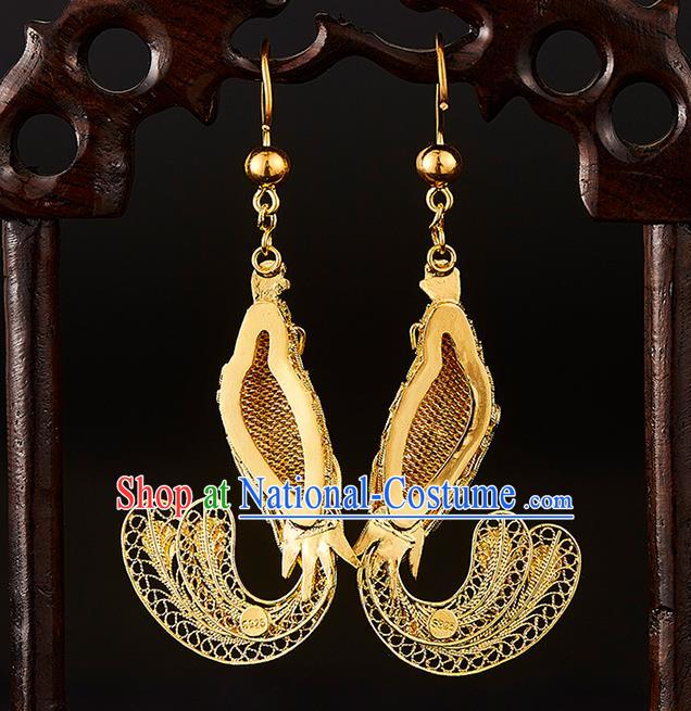 China Traditional Qing Dynasty Blueing Phoenix Ear Jewelry Accessories Ancient Empress Filigree Earrings