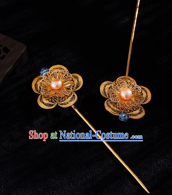 China Handmade Pearl Hair Stick Jewelry Accessories Traditional Ming Dynasty Golden Plum Blossom Hairpin