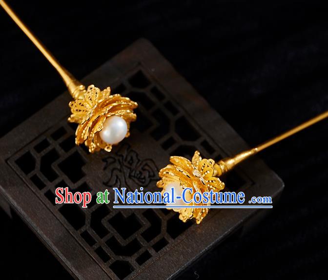 China Handmade Golden Hair Stick Jewelry Accessories Traditional Ming Dynasty Pearl Hairpin