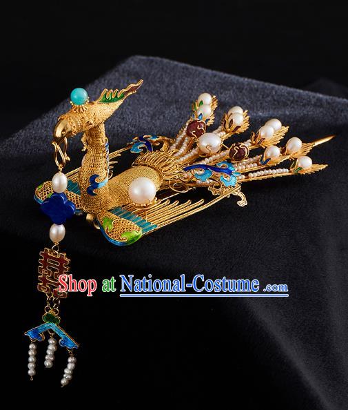 China Handmade Golden Phoenix Hair Crown Jewelry Accessories Traditional Ming Dynasty Blueing Pearls Hairpin