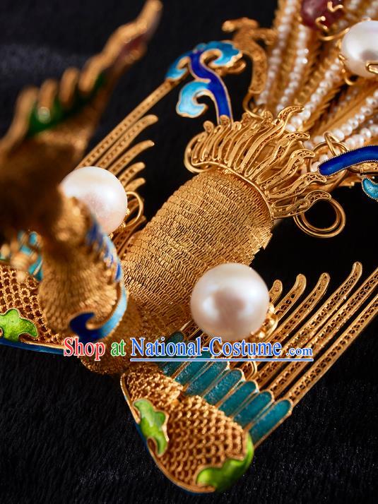 China Handmade Golden Phoenix Hair Crown Jewelry Accessories Traditional Ming Dynasty Blueing Pearls Hairpin