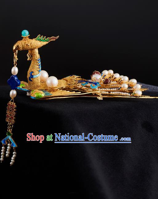 China Handmade Golden Phoenix Hair Crown Jewelry Accessories Traditional Ming Dynasty Blueing Pearls Hairpin