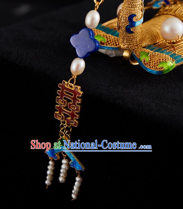 China Handmade Golden Phoenix Hair Crown Jewelry Accessories Traditional Ming Dynasty Blueing Pearls Hairpin