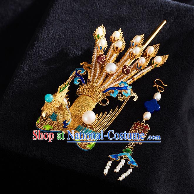 China Handmade Golden Phoenix Hair Crown Jewelry Accessories Traditional Ming Dynasty Blueing Pearls Hairpin