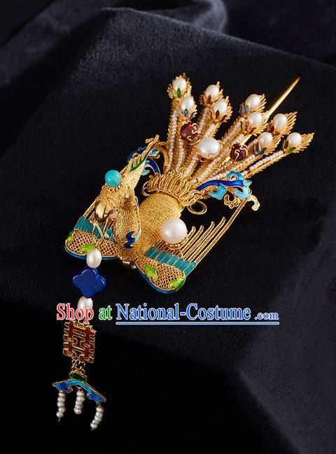 China Handmade Golden Phoenix Hair Crown Jewelry Accessories Traditional Ming Dynasty Blueing Pearls Hairpin