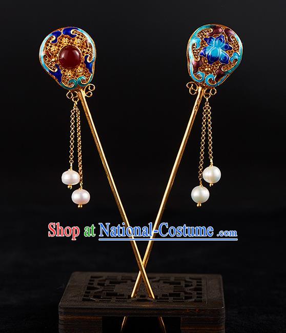 China Handmade Pearls Tassel Hair Stick Jewelry Accessories Traditional Qing Dynasty Empress Blueing Hairpin