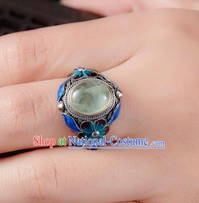 China Handmade Prehnite Ring Accessories Traditional Qing Dynasty Blueing Silver Circlet Jewelry