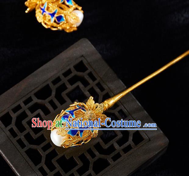 China Handmade Pearl Hair Stick Jewelry Accessories Traditional Qing Dynasty Empress Blueing Golden Hairpin