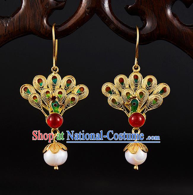 China Traditional Qing Dynasty Golden Peacock Ear Jewelry Accessories Ancient Empress Pearls Tassel Earrings