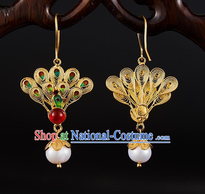 China Traditional Qing Dynasty Golden Peacock Ear Jewelry Accessories Ancient Empress Pearls Tassel Earrings