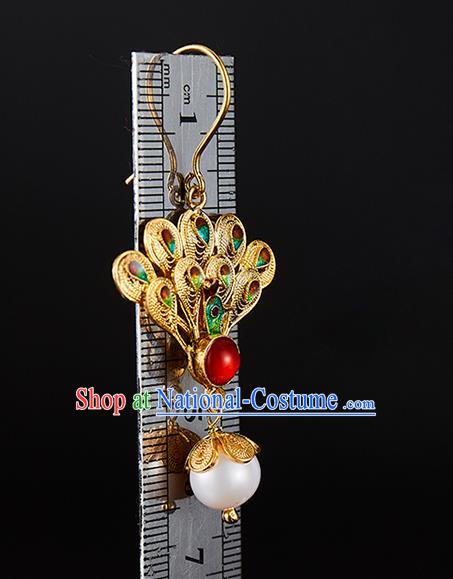 China Traditional Qing Dynasty Golden Peacock Ear Jewelry Accessories Ancient Empress Pearls Tassel Earrings