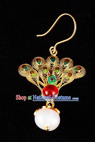 China Traditional Qing Dynasty Golden Peacock Ear Jewelry Accessories Ancient Empress Pearls Tassel Earrings