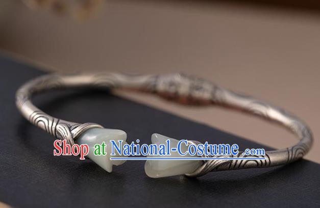 China Handmade Jade Mangnolia Bracelet Accessories Traditional Silver Bangle Jewelry