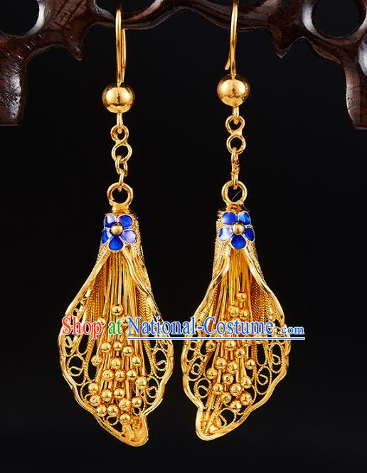 China Traditional Qing Dynasty Golden Flower Ear Jewelry Accessories Ancient Empress Blueing Plum Earrings