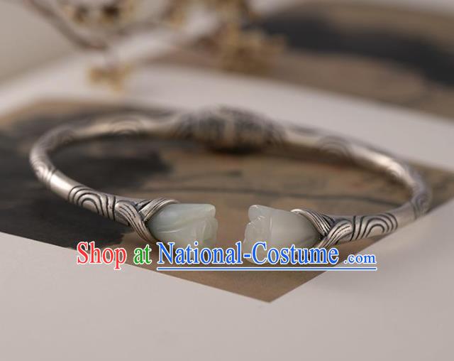 China Handmade Jade Mangnolia Bracelet Accessories Traditional Silver Bangle Jewelry