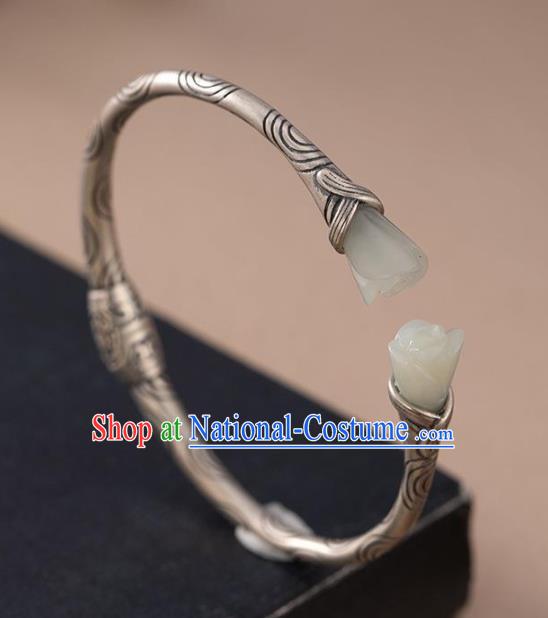 China Handmade Jade Mangnolia Bracelet Accessories Traditional Silver Bangle Jewelry