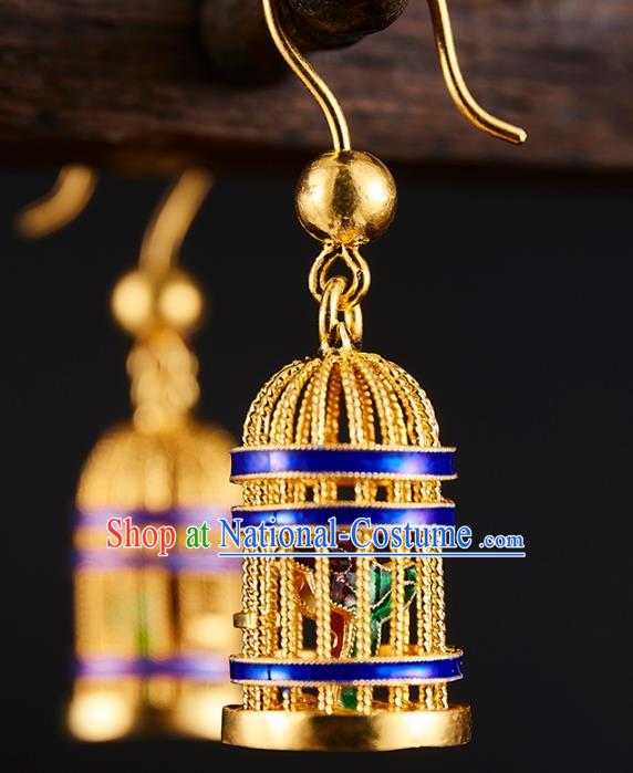 China Traditional Blueing Ear Jewelry Accessories Ancient Empress Golden Birdcage Earrings