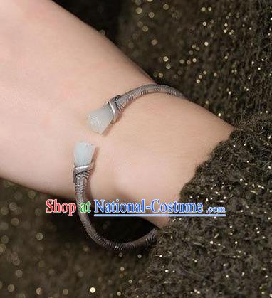 China Handmade Jade Mangnolia Bracelet Accessories Traditional Silver Bangle Jewelry