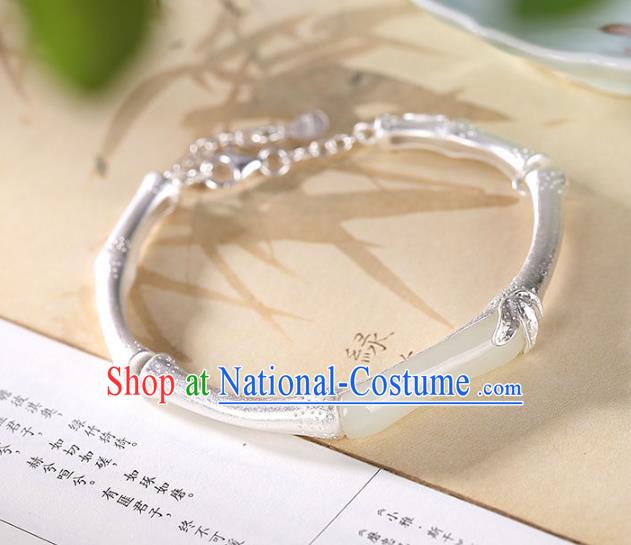 China Handmade Argent Bamboo Bracelet Accessories Traditional White Jade Bangle Jewelry