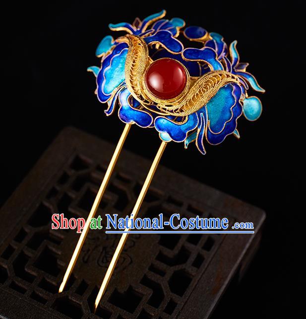 China Handmade Blueing Butterfly Hair Stick Jewelry Accessories Traditional Qing Dynasty Empress Agate Hairpin