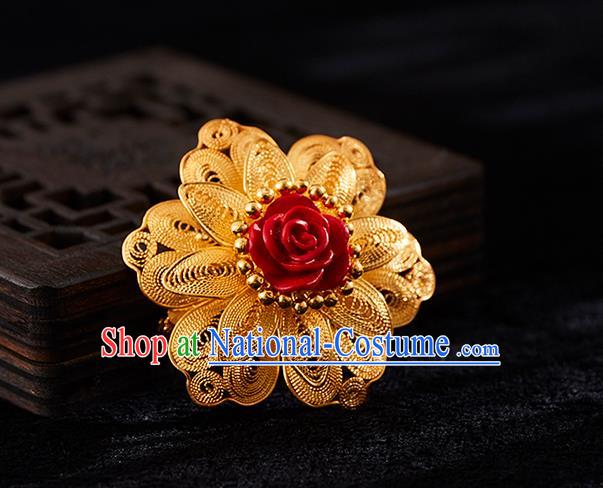 China Handmade Lacquerware Carving Rose Brooch Accessories Traditional Golden Necklace Pendant Jewelry