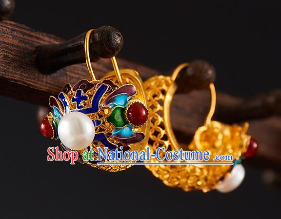 China Traditional Qing Dynasty Blueing Pearls Ear Jewelry Accessories Ancient Empress Golden Earrings