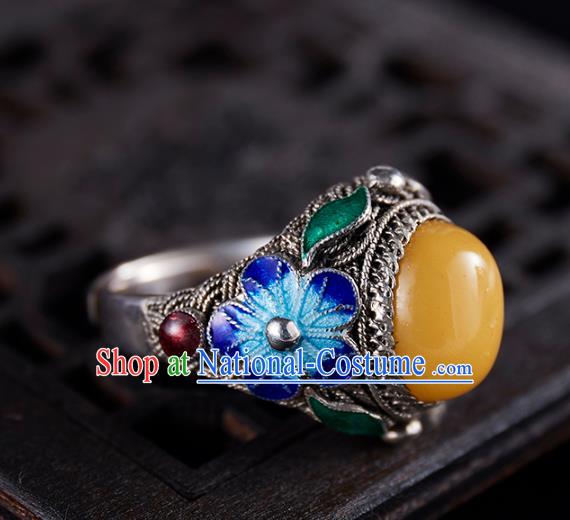 Chinese National Wedding Beeswax Ring Handmade Jewelry Accessories Classical Qing Dynasty Blueing Silver Circlet