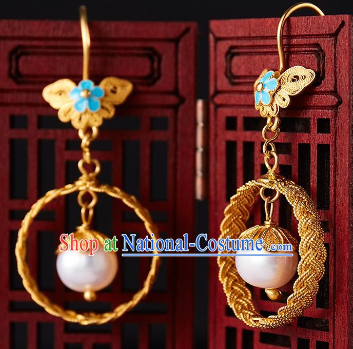 China Traditional Qing Dynasty Golden Ear Jewelry Accessories Ancient Empress Pearl Earrings