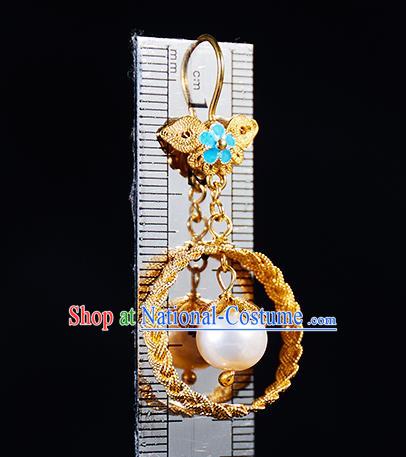 China Traditional Qing Dynasty Golden Ear Jewelry Accessories Ancient Empress Pearl Earrings