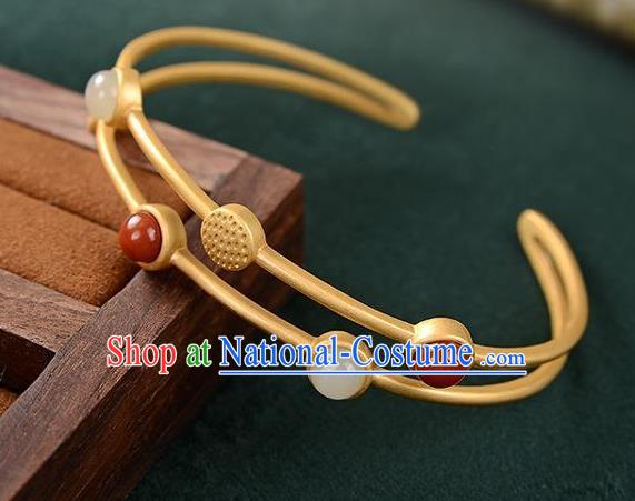 China Handmade White Chalcedony Bracelet Accessories Traditional Golden Bangle Jewelry