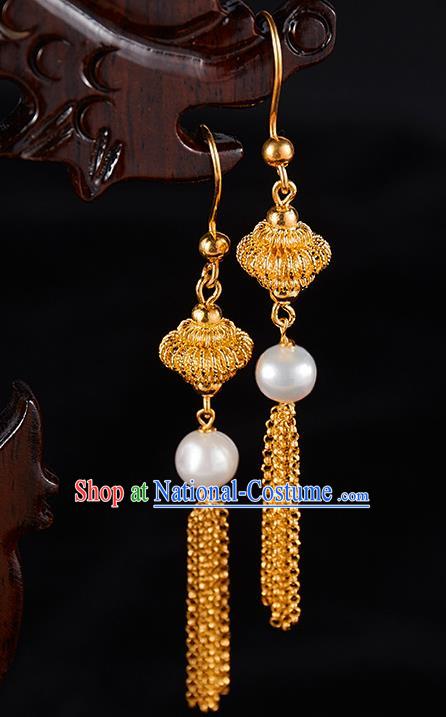 China Traditional Golden Lantern Tassel Ear Jewelry Accessories Ancient Qing Dynasty Empress Pearl Earrings