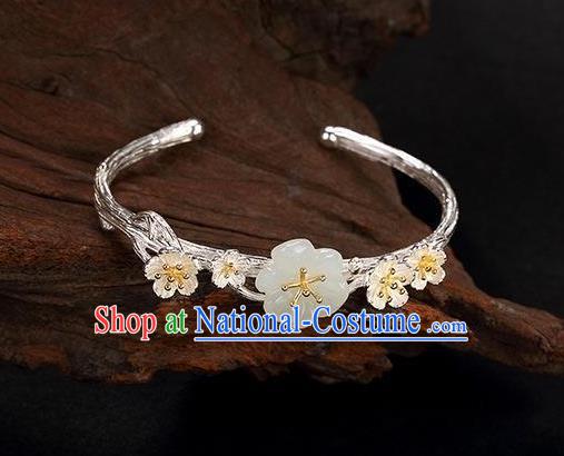 China Handmade Silver Bracelet Accessories Traditional White Jade Plum Bangle Jewelry