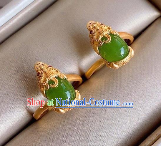 Chinese Classical National Golden Pi Xiu Circlet Handmade Chrysoprase Ring Jewelry Accessories