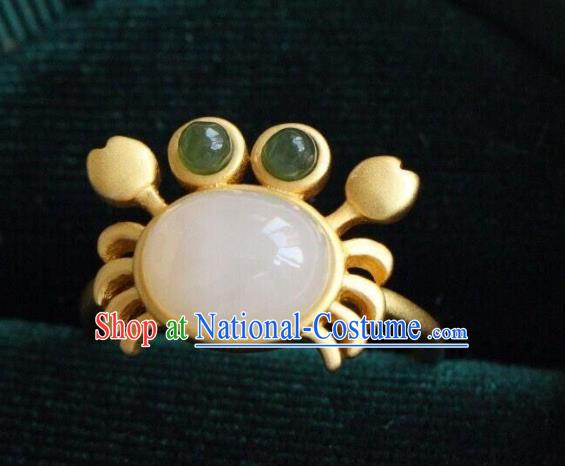 Chinese Classical National White Jade Circlet Handmade Jewelry Accessories Golden Crab Ring